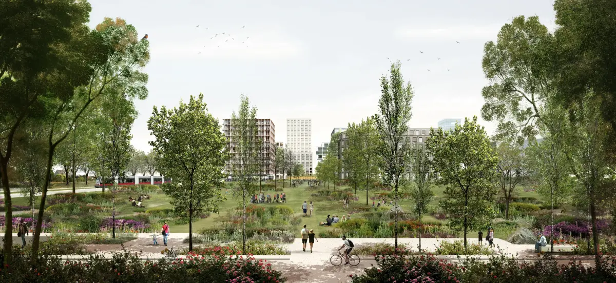 Visualisierung: Blick aus dem Park auf die neue Bebauung