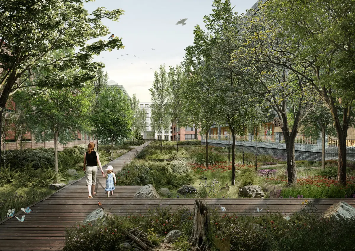 Visualisierung: naturnaher Garten mit Holzsteg