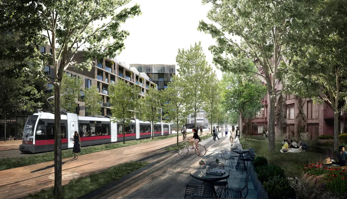 Visualisierung: Straßenbahn und Radweg in der Hirschstettner Hauptallee