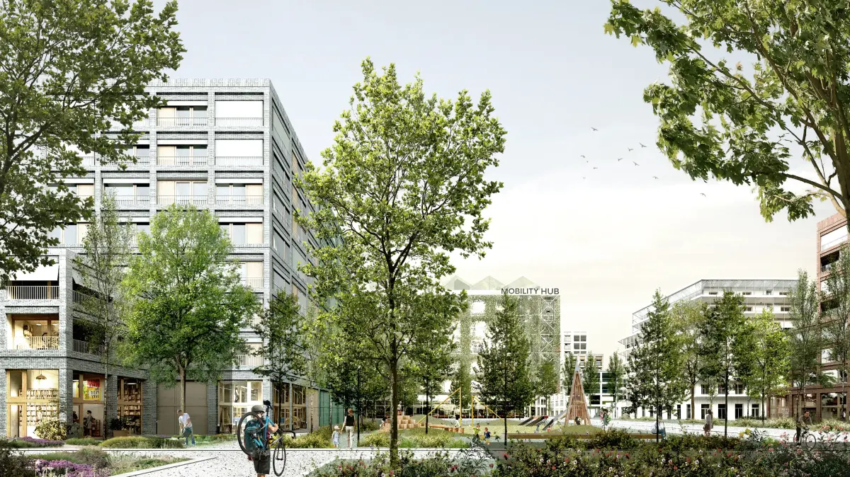 Visualisierung: Grätzlplatz mit Bäumen und Wohngebäuden